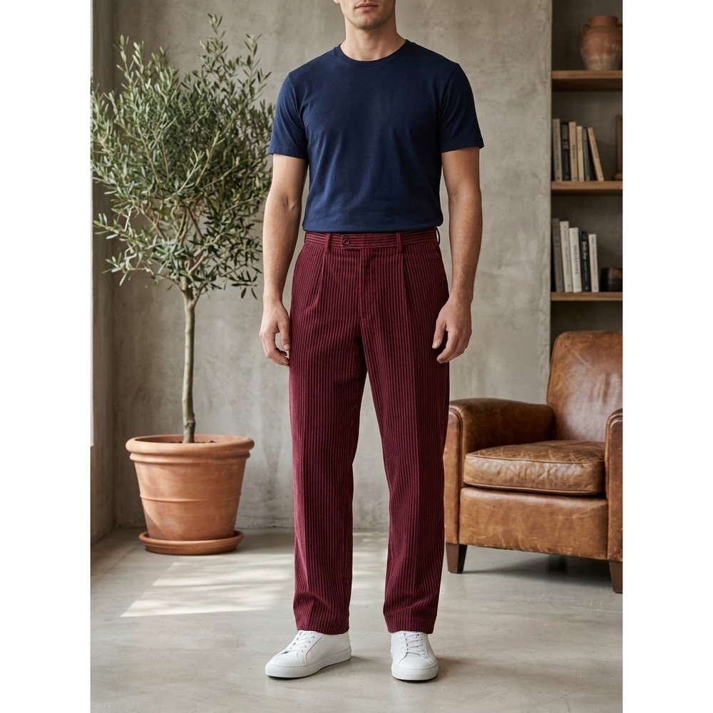 Pleated Ribbed TRUST Burgundy Polyester Blend Trousers Size 36x30 (Size W36 L30)